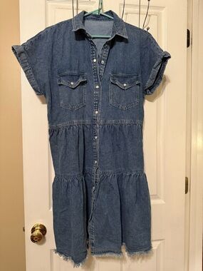 Denim Tiered Midi Shirt Dress - Blue